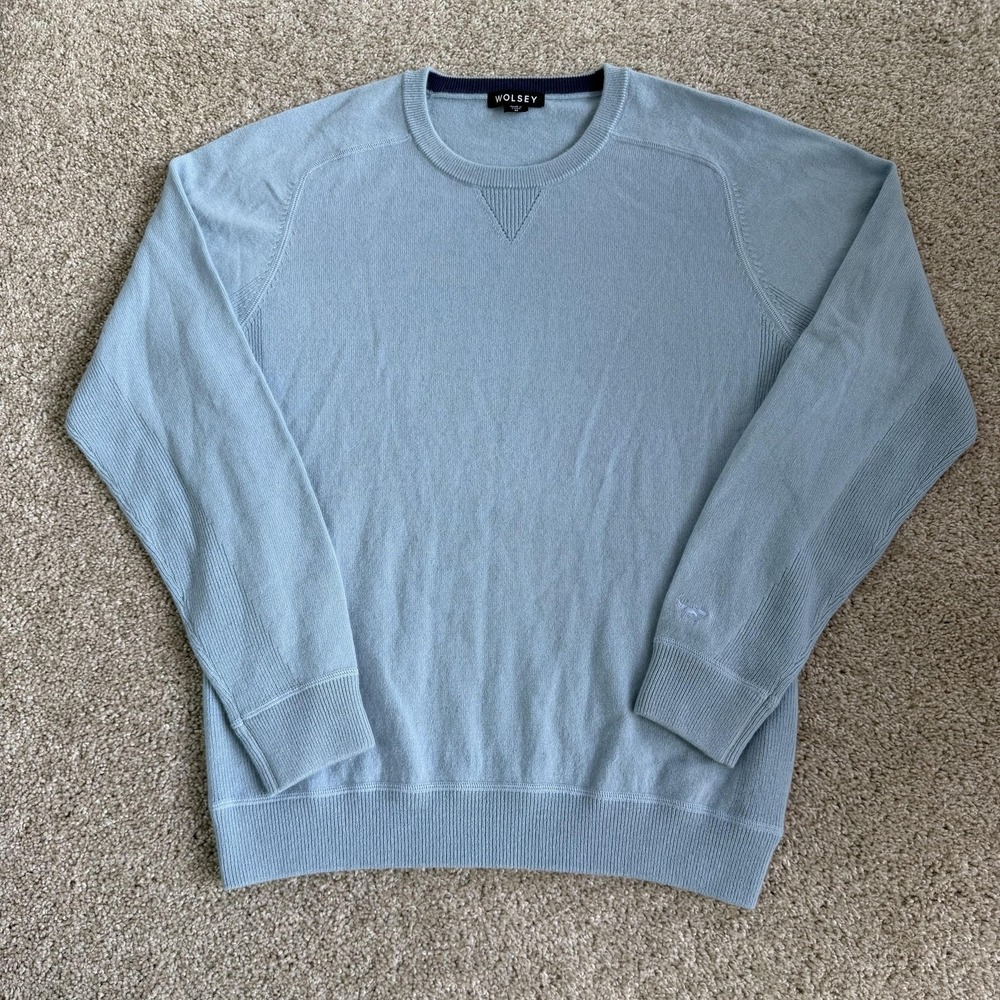 Wolsey Sweater Mens Medium Blue 100% Cashmere Tight Knit Crewneck Pullover Logo
